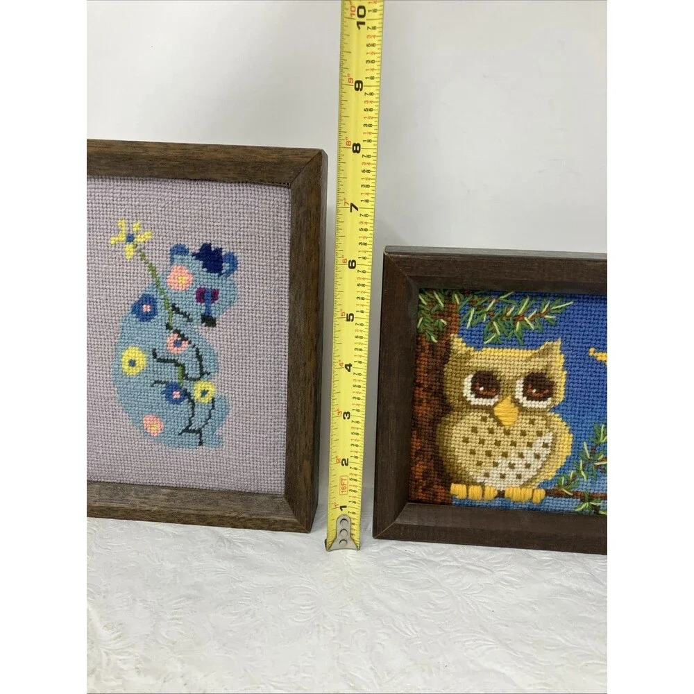 Needlepoint Framed Art Lot 3 Animals Lion Mouse Owl Cottagecore Nursery Small